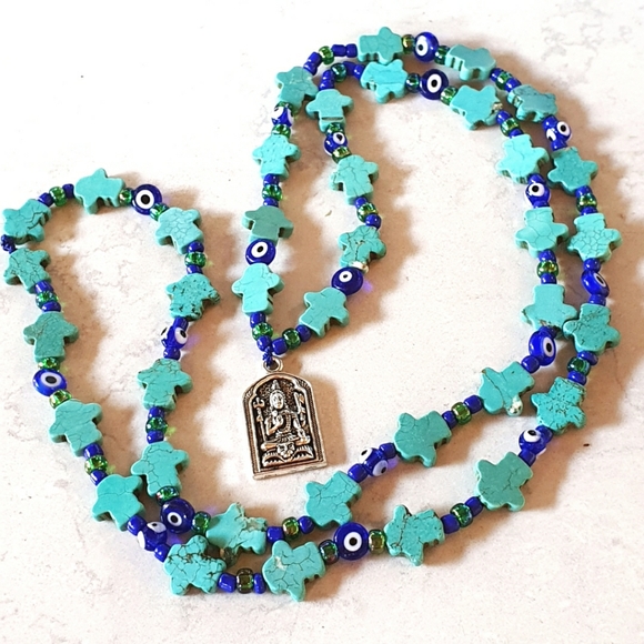 Turquoise Hamsa Hand Evil Eye Buddha Necklace - Picture 5 of 8